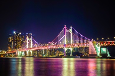 beautiful gwangan bridge at night time in busan city, south korea.