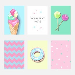 set of colorful pastel cards with ice cream, donut and lolipops. fashion trendy template with place for text, minimalism concept. vector illustration for birthday party with dots and zig-zag texture.