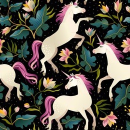 unicorns on a dark background with a fairy forest. seamless pattern.