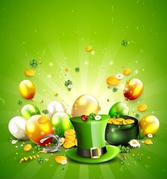 st. patrick's day template with leprechaun`s hat, pot of gold, cloverleafs and balloons in the colors of ireland.