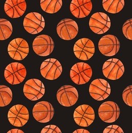 watercolor basketball ball, hand drawn seamless pattern at black background