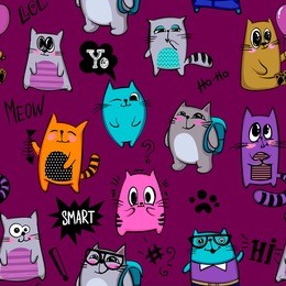 abstract seamless animal pattern with cartoon cat character, school backpack, glasses, smiling face. comics speech cloud, text smart, hi, yo, lol, meow, ho-ho, question and exclamation mark, hashtag
