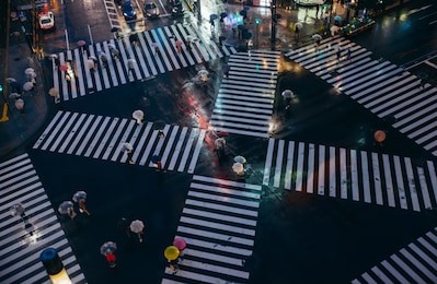 crossing in tokyo. aerial view of people crossing the street