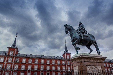 in plaza mayor of madrid, and the statue of philip iii (felipe iii), in madrid, spain.