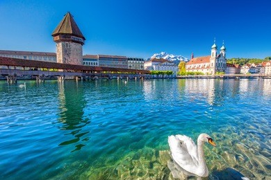 historic city center of lucerne with famous chapel bridge and lake lucerne (vierwaldstattersee), canton of luzern, switzerland