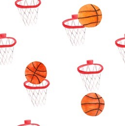 watercolor seamless pattern with basketball rings and balls