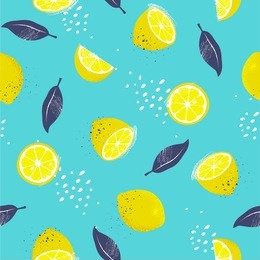 lemons, seamless pattern. slices and whole fruits with a leafs. vector illustration.