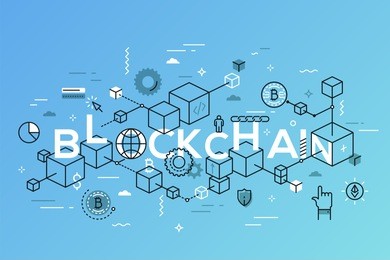 blockchain word surrounded by cubes or blocks arranged into chain, bitcoin symbols. distributed digital transaction record. infographic banner with elements in thin line style. vector illustration.