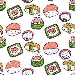 sushi rolls set vector seamless pattern. japan cuisine background.