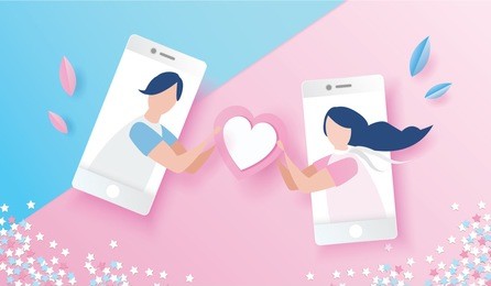 love couple in mobile phone sent pink heart and love gift.design for valentine's day festival on pink background. vector illustration.paper art style.