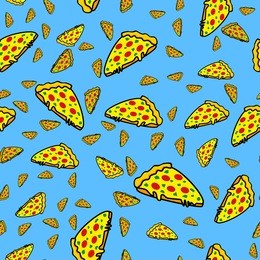 abstract seamless pizza pattern for girls or boys. creative food background with italian pizza, tomatoes, . funny wallpaper for textile and fabric. fashion pizza style. colorful bright picture