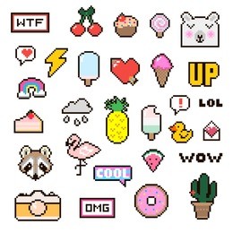 vector patch set - pixel 80s-90s style design. isolated illustrations - great for stickers, embroidery, badges. set of colorful cartoon badges.