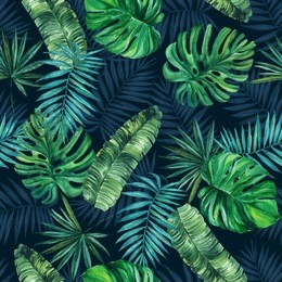 palm leaves on a blue background, watercolor drawing, seamless pattern. for wallpaper, fabric, wrapping, fashion.