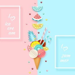 ice cream, fruit, 3d, pastel. abstract background with ice cream cone, lime, lemon, orange, kiwi and watermelon in paper cut style. minimalist pastel summer food concept. vector illustration