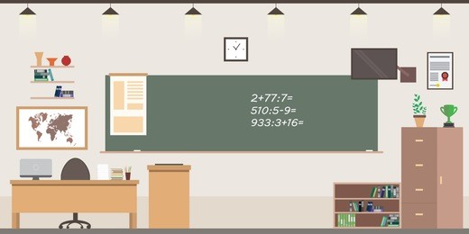 school room interior,classroom with furniture,flat vector illustration.