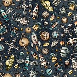 cartoon hand-drawn space, planets seamless pattern. lots of symbols, objects and elements. perfect funny vector background.
