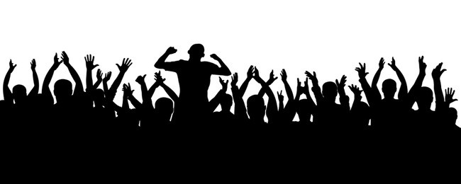 crowd of jubilant people silhouette. sports fans. people applaud. concert, party, disco