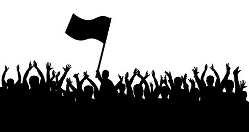 crowd of people silhouette. sports fans. people cheerful. man with flag