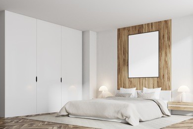 corner of a white and dark wooden bedroom with a vertical poster on a dark wooden wall and a gray blanket bed. a white wardrobe. 3d rendering mock up