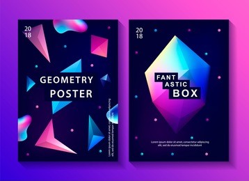 set of abstract trendy cosmic posters with crystal gems and pyramid geometric shapes. neon galaxy background. 80s style. poster with geometric polygon pyramid or crystal. vector illustration.