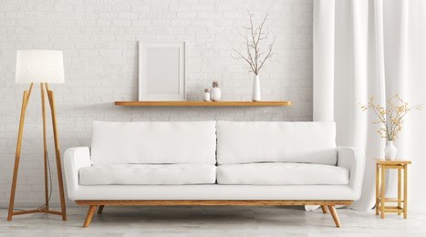 modern interior design of living room with white sofa, shelf and floor lamp over brick wall 3d rendering