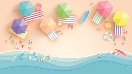 top view beach background with umbrellas,balls,swim ring,sunglasses,surfboard,
hat,sandals,juice,starfish and sea. aerial view of summer beach in paper craft style.paper cut and craft style. vector.