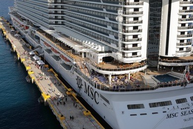 costa maya,mexico,caribbean, 11january  2018: a large cruise liner msc seaside in port costa maya, mexico in the day.