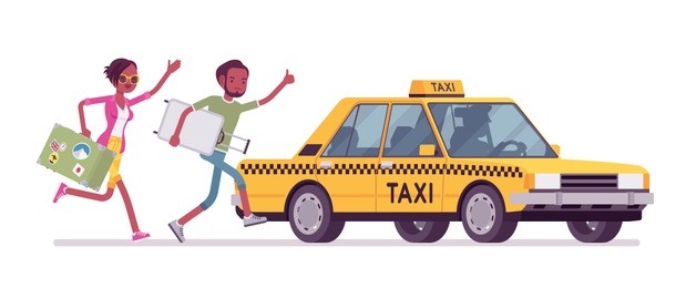chasing a taxi cab. young black man and woman with luggage in a hurry running to get a car, yellow public passenger vehicle. vector flat style cartoon illustration isolated on white background