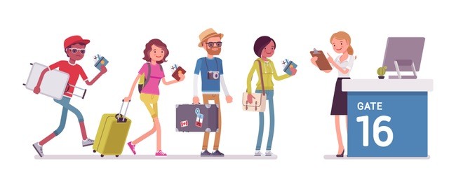 air flight check queue. airport check-in passengers standing in line before travel, airline agent checking ticket documents at gate. vector flat style cartoon illustration isolated on white background