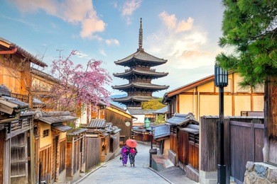 old town kyoto during sakura season in japan.