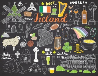 ireland sketch doodles. hand drawn irish elements set with flag and map of ireland, celtic cross, castle, shamrock, celtic harp, mill and sheep, whiskey bottles and irish beer, vector on chalkboard.