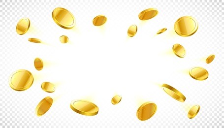 explosion of gold coins with place for text on transpaternt background, vector illustration