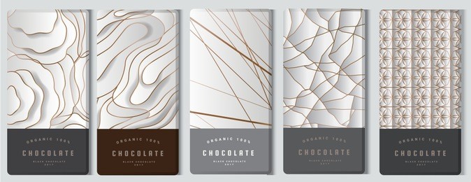 chocolate bar packaging mock up set. elements,labels,icon,frames, for design of luxury products.made with golden foil.isolated on silver and brown background. vector illustration