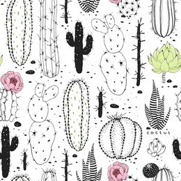 seamless abstraction pattern of cactuses. vector doodle illustration black, green and pink colors on white background.