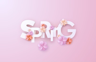 spring. vector realistic 3d illustration. paper cut spring banner. cutout letters with colorful paper flowers on soft pink background. trendy typographic poster design. origami style