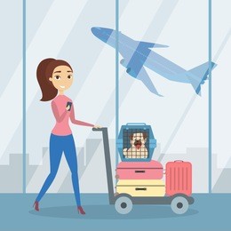 people at airport. woman with dog in cage and luggage.