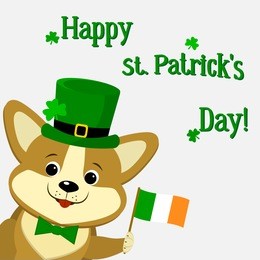 st.patrick 's day. dog corgi in a green hat with clover and the flag of ireland.