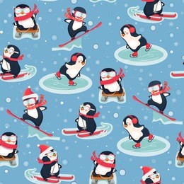 seamless pattern with penguins. cute animals pattern. leisure activities in winter. penguin cartoon vector illustration.