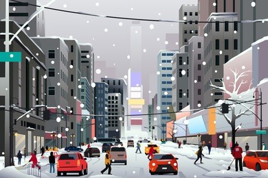 a vector illustration of people walking in the city during winter storm