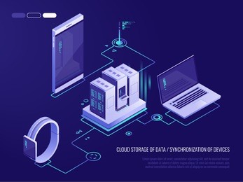 concept of data network management .vector isometric map with business networking servers, computers and devices.cloud storage data and synchronization of devices.3d isometric style