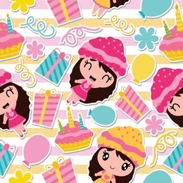 seamless pattern of cute girl, birthday cake and gift on striped background vector cartoon illustration for birthday wrapping paper, kid fabric clothes, and wallpaper