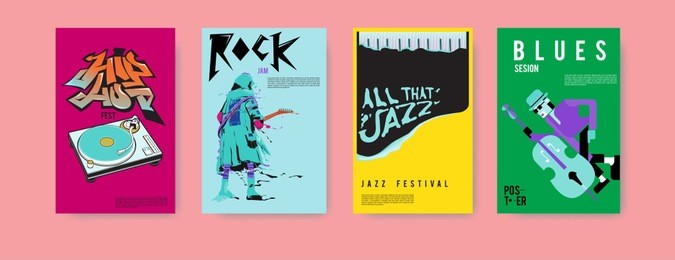 vector set of music event poster design template. rock, jazz, blues and hip hop poster design. eps 10. 