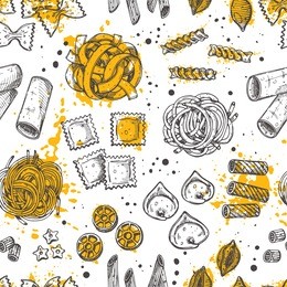 seamless pattern with italian pasta. ink hand drawn vector illustration with watercolor splash. can be used for wrapping paper, street festival, farmers market, shop, menu, cafe, restaurant
