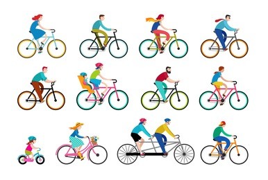 people riding on bicycles in the park, active family vacation. collection of vector illustrations and elements
