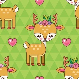 children's seamless pattern. a cute deer with a flower wreath on his head. the deer in love. kawaii style.