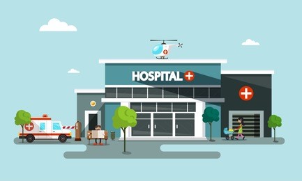 hospital vector symbol with helicopter, ambulance car and people