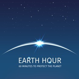 earth hour in the night sky. sunrise in space over the planet. 60 minutes to protect the planet. the glowing rays of the sun. the sparkle of the stars. use for posters, banners, cards.