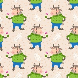 seamless pattern with cute cartoon goat vector illustration