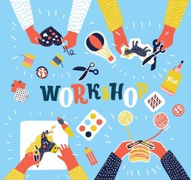 vector colorful cartoon illustration of creative kids lab, top view table with creative kids hands. cutting paper, painting and sketching, knitting, embroidery, applique, sawing. workshop, education.