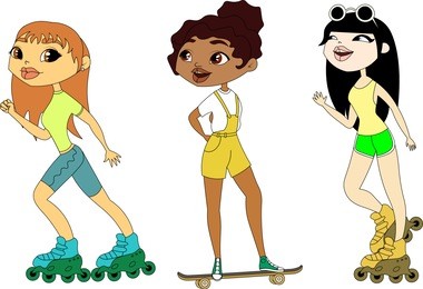 three girls athletes.
cute girl on roller skates and skatepod. students on the rollers. summer sports. 
vector. isolated